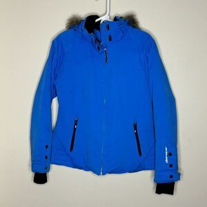 Obermeyer Women's Ski Jacket Size 12 Blue with Hood Fur Trim